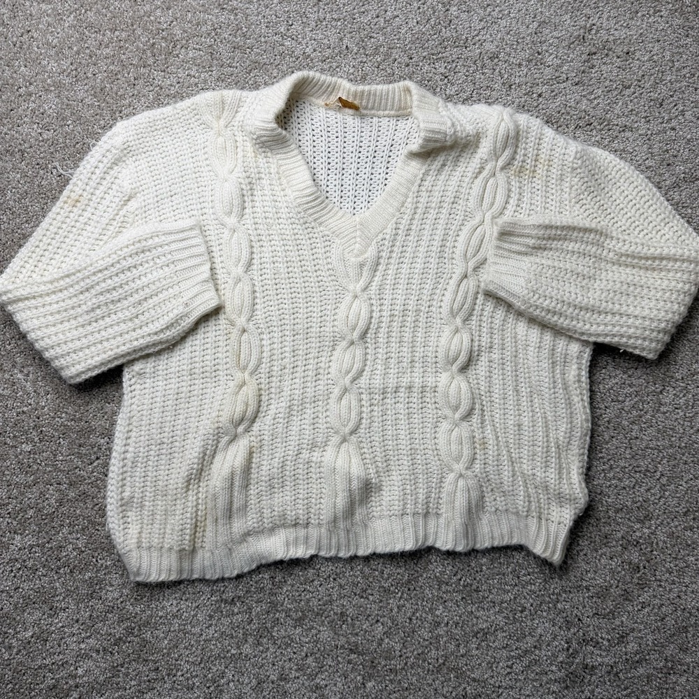 Vintage 80s 90s Cable-Knit Cropped Sweater Womens Large White V Neck Pullover